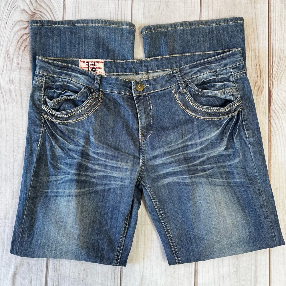 Bootcut Embellished Jeans Root by 1st Kiss Distressed Thrashed Low Rise Grunge